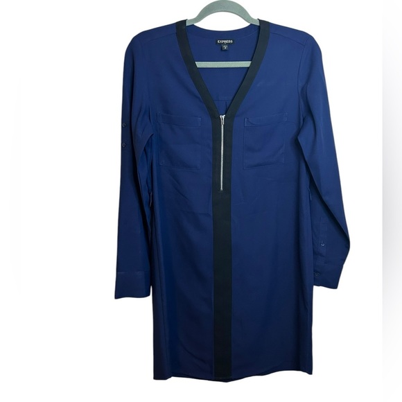Express Navy Blue Zip Front Long Sleeve Shift Dress - Picture 1 of 4
